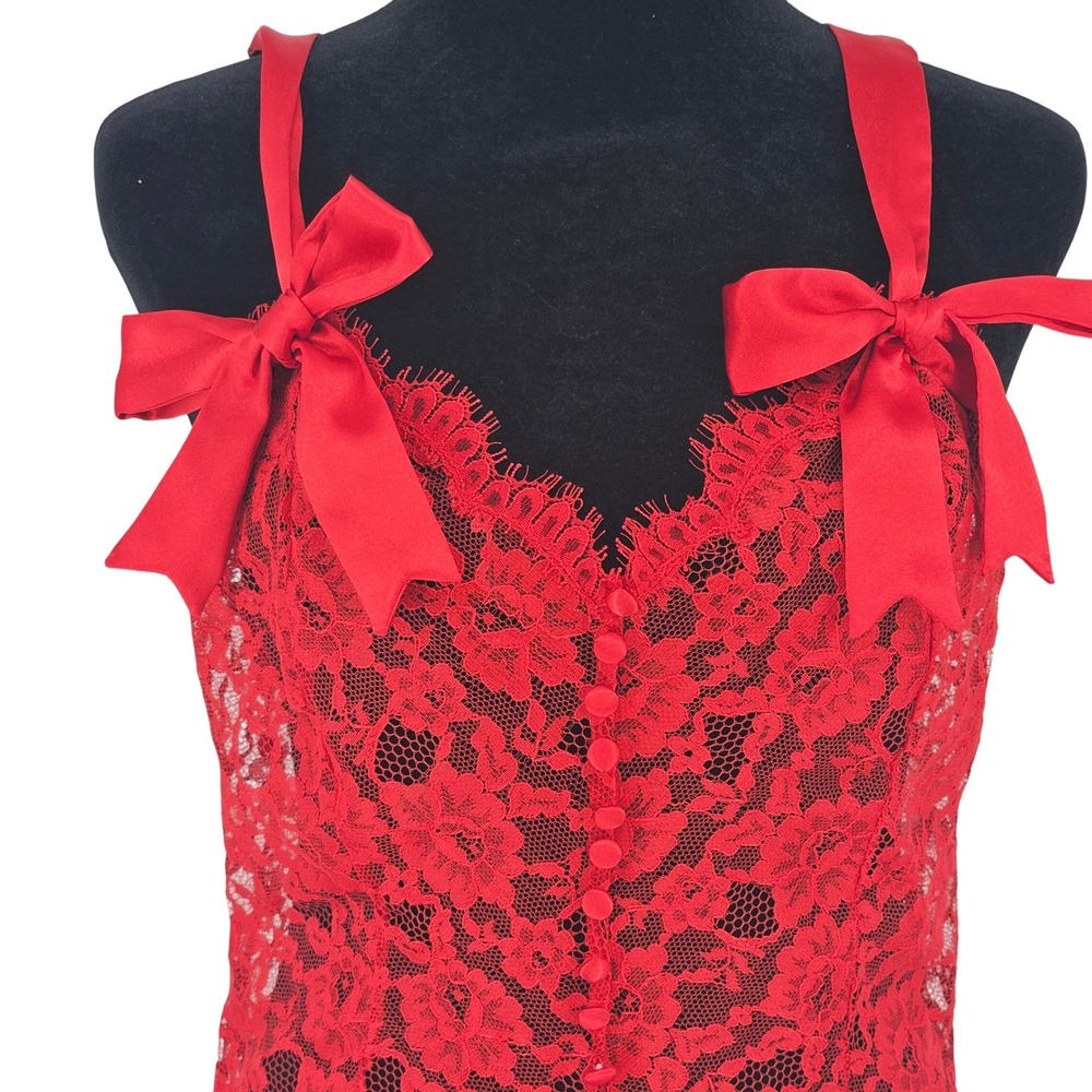 Vintage Victoria's Secret Women's M Red Lace Teddy Button Front Bow Lingerie - Picture 3 of 9